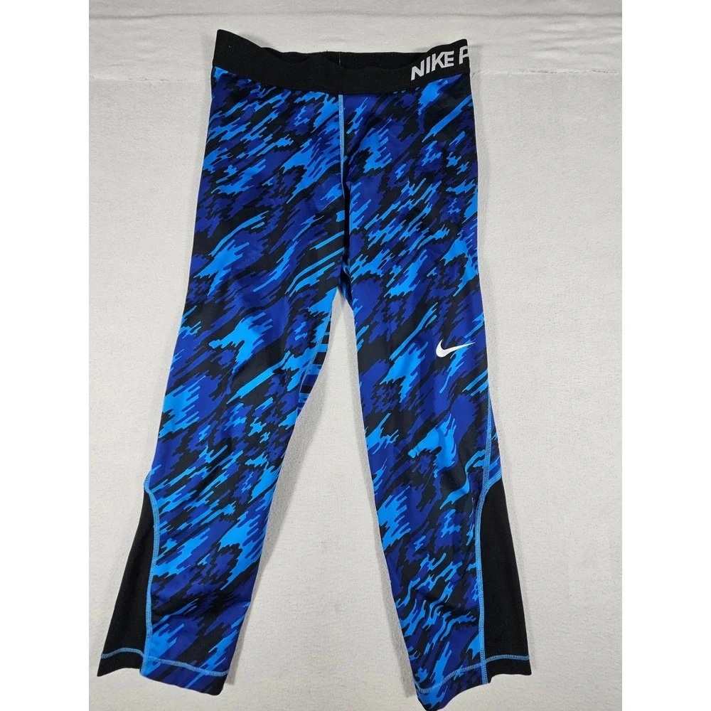 Nike‎ Pro Dri-FIT Womens Blue Camo Crop Leggings Training Tights Size M